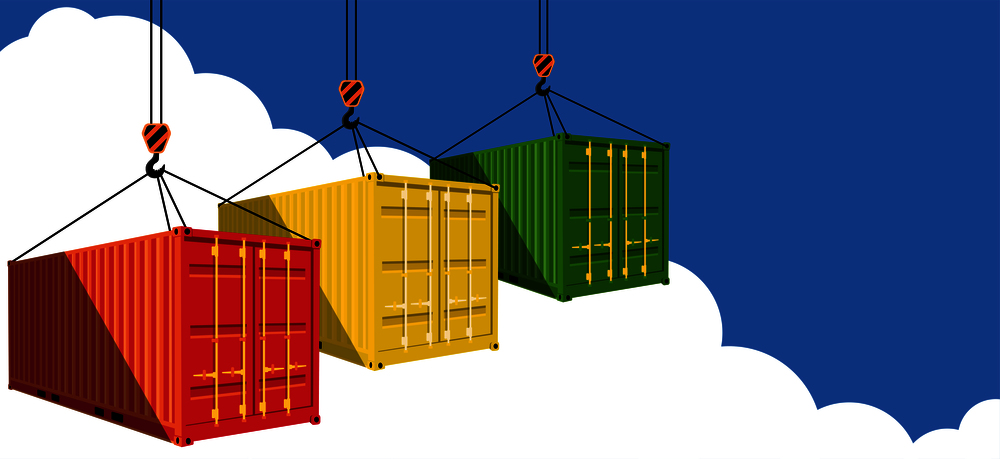 Illustration of thre shipping containers being lifted through a blue sky to illustrate Shipping Container Doors Opening to a Wider World